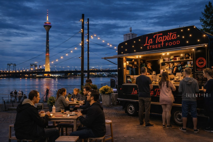 Beleuchteter Foodtruck in Düsseldorf am Rhein mit wartenden Gästen und Stehtischen am Abend